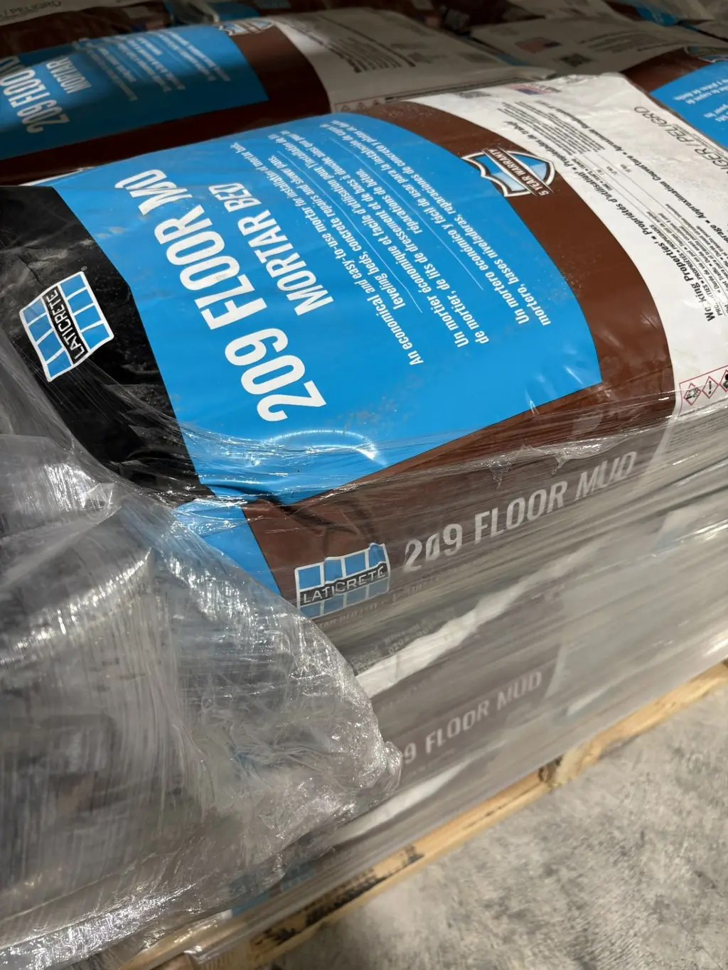 Pallet of Laticrete 209 Floor Mud mortar bed mix at Sundry Pro Shop