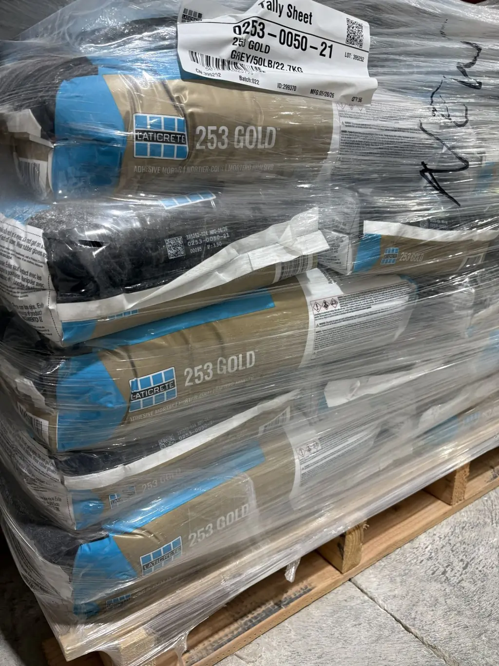 Pallet of Laticrete 253 Gold adhesive mortar in gray 50 lb bags at Sundry Pro Shop