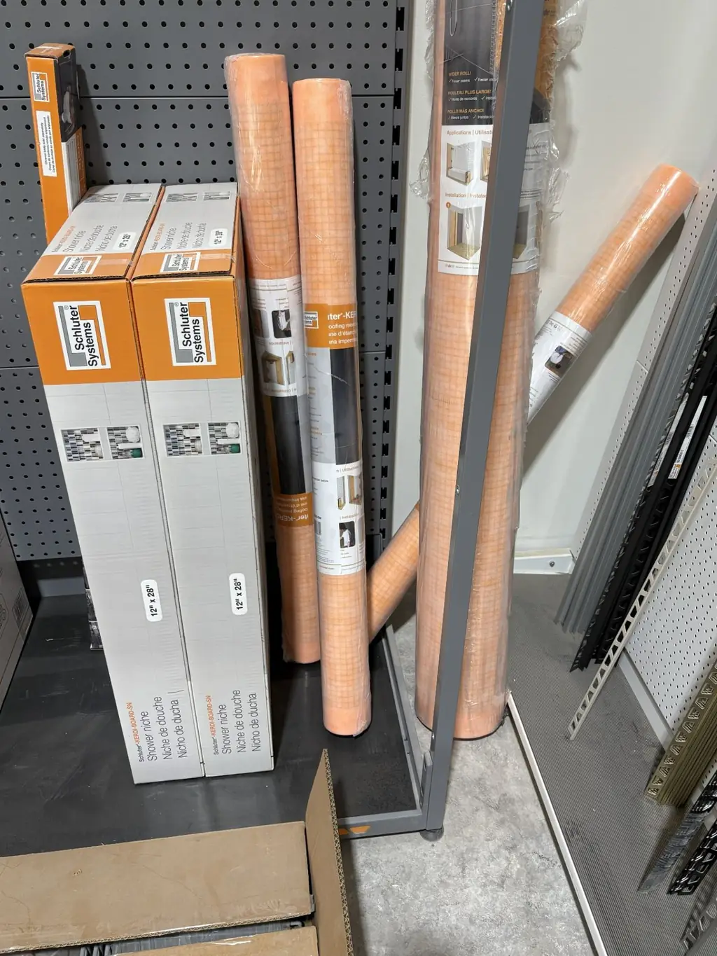 Schluter KERDI-BOARD-SN 12x28 shower niches and KERDI waterproofing membrane rolls at Sundry Pro Shop