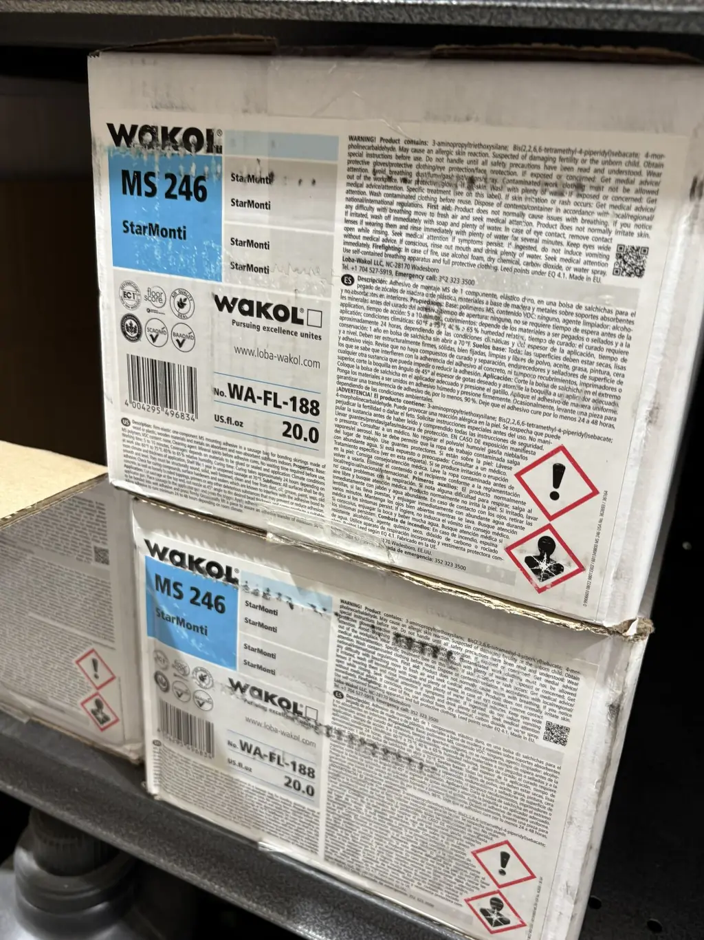 Cases of Wakol MS 246 StarMonti sausage-bag mounting adhesive on the shelf at Sundry Pro Shop