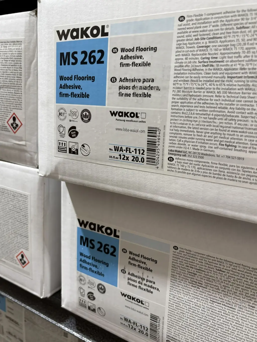 Cases of Wakol MS 262 firm-flexible wood flooring adhesive stocked at Sundry Pro Shop